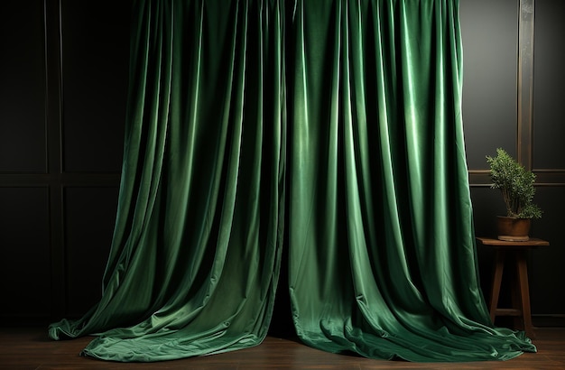 Curtain Made of Dark Green Fabric in a Room