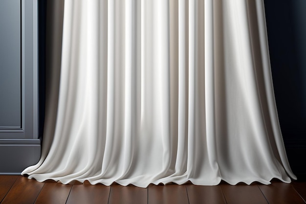 A curtain in a room with a dark wood floor.