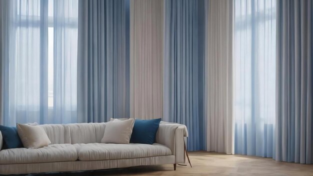 A curtain that is white and has a blue background