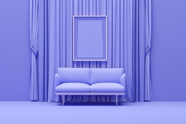 보라색의 매우 밝은 색상의 미니멀한 거실 인테리어의 벽 소파에 프레임이 있는 커튼