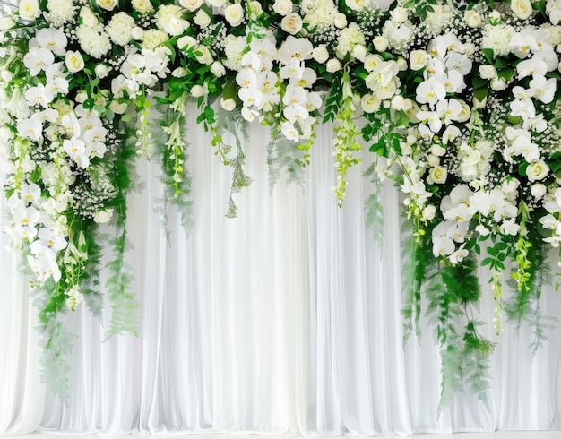 a curtain with white flowers hanging from the ceiling