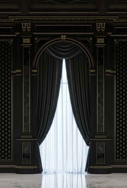 Photo curtains in a carved niche made of wood