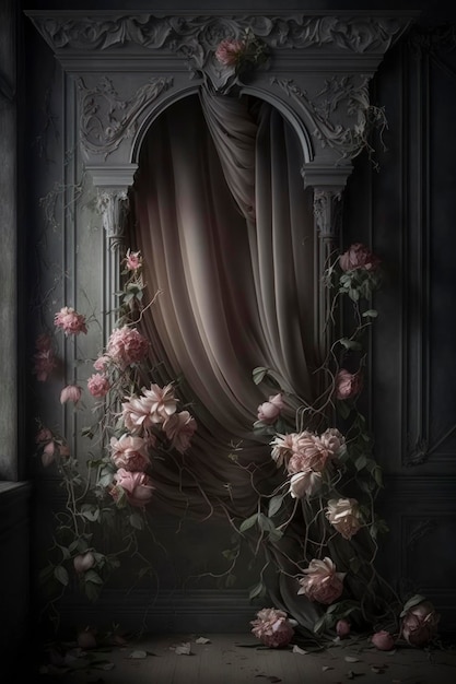 curtains from an ornate room with roses in the style of jessica drossin dark pink