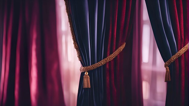 Curtains with gold draperies in the interior of the theater