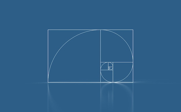 Foto curva che illustra la sequenza di fibonacci e il rendering 3d del rapporto aureo