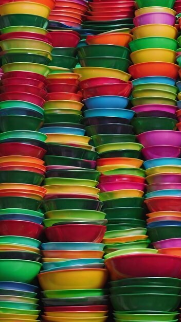 Curve lines of the piled up green color plastic bowls for pattern and background