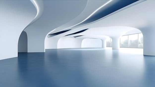 Curved Abstract interior design 3D rendering of modern showroom Spacious