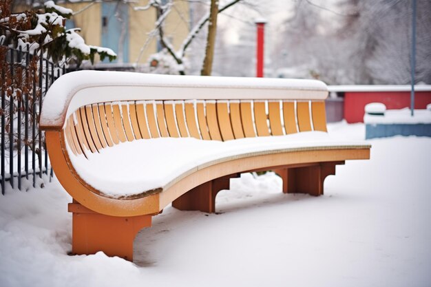 歩道橋によって雪で覆われた曲がったベンチ