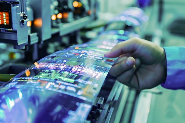 Curved closeup flexible electronic display a factory producing flexible electronic displays