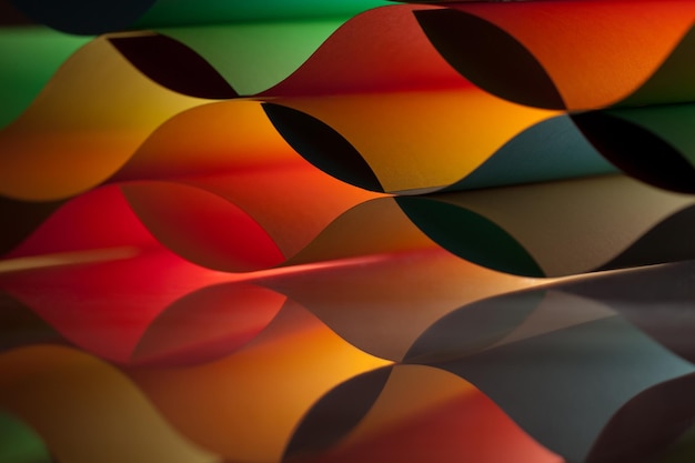 Curved colorful sheets paper with mirror reflexions