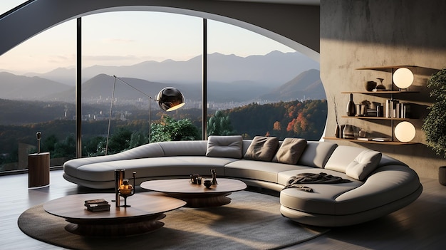 Curved Gray Sofa and Armchair Against FloortoCeiling