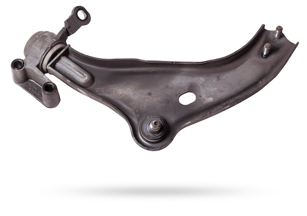 Curved metal chassis arm lever with ball and rubbermetal joint with bushings silent block on a white isolated background Detail for suspension repair in a workshop or garage