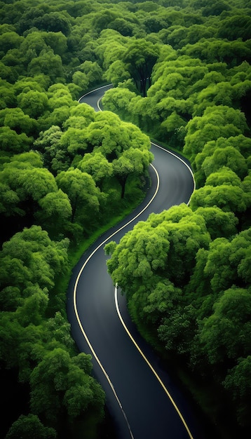 Photo curved road through vibrant green forest