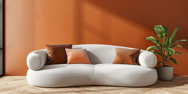 Photo curved sofa in front of an orange wall