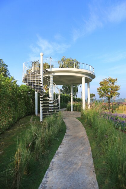 The curved stair to top of hillside viewpoint.