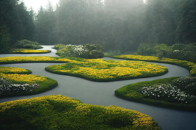 Curved trail with yellow flowers at dawn