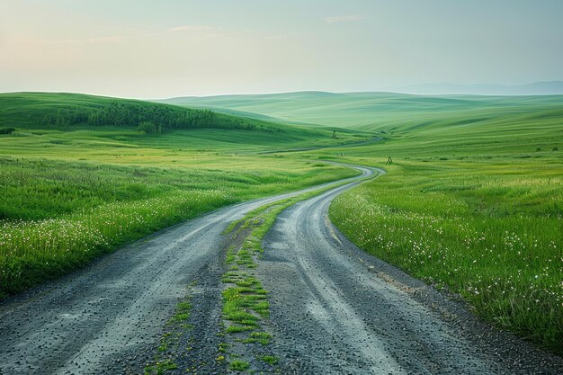 Curving Road Through Lush Green Grassy Hillside