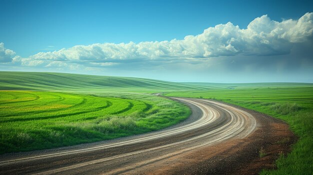 Curving rural road through a lush green field on a bright day