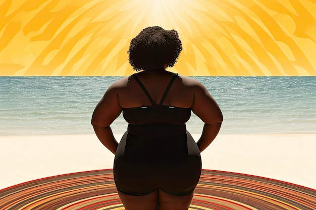 Curvy African American woman walking on the beach