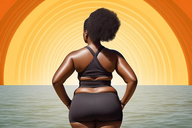 Фигуристая афроамериканка гуляет по пляжу