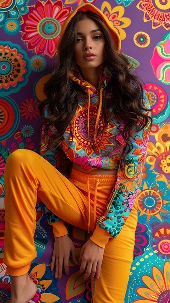 레과 크롭 후디를 입은 곱슬한 여성 모델 인디언 모드 스포츠 트렌디 패션 옷 사진