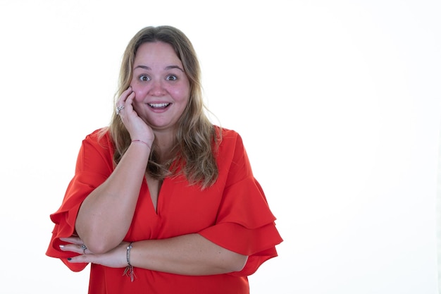 Curvy happy surprised pretty cute Young Woman With blond Hair hand on chin portrait in studio white background