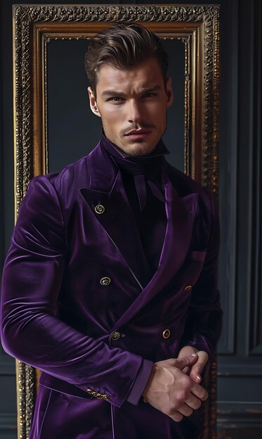 Curvy mannelijk model met Deluxe fluweel pak met geavanceerde high fashion voorwaartse boutique stijl