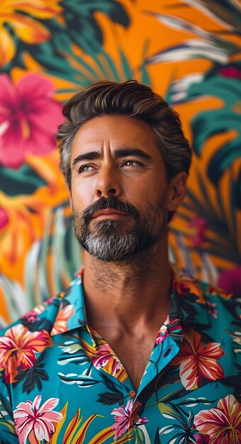 Photo curvy middle aged man model with retro hawaiian shirt fashi trendy vintage clothes photo collectiono