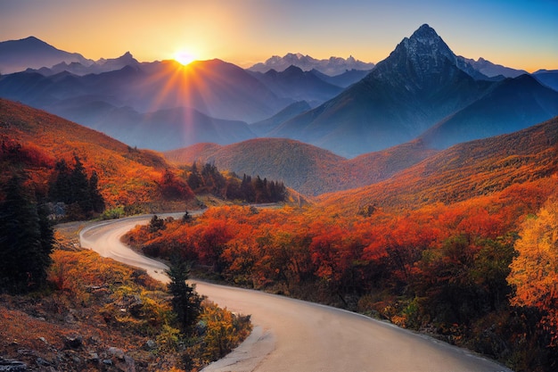 Curvy mountain road in autumn forest