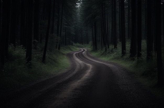 Curvy narrow muddy road in a dark forest surrounded