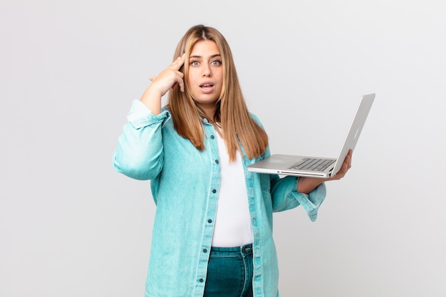 Curvy pretty woman holding a laptop