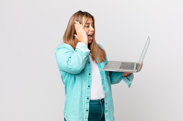 Curvy pretty woman holding a laptop