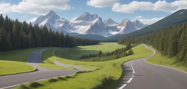 Curvy road around the bushes with meadows trees and big mountains