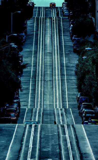 Curvy road in city at dusk