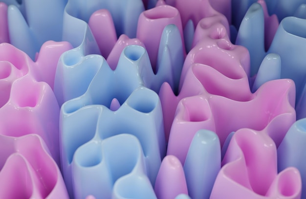 Пышная волновая полоса розового и синего цвета Поверхность Современный абстрактный 3D-фон 3D-рендеринг Используется для фона Обои Баннер Плакат Брошюра Карточка Веб-презентация современный геометрический графический дизайн