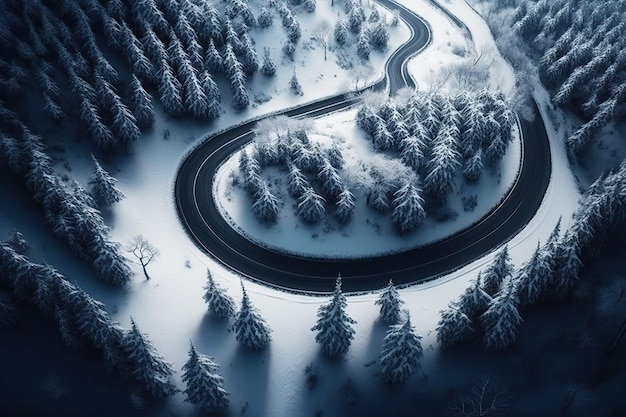 Curvy windy road in snow covered forest. Generative Ai art. Top down aerial view