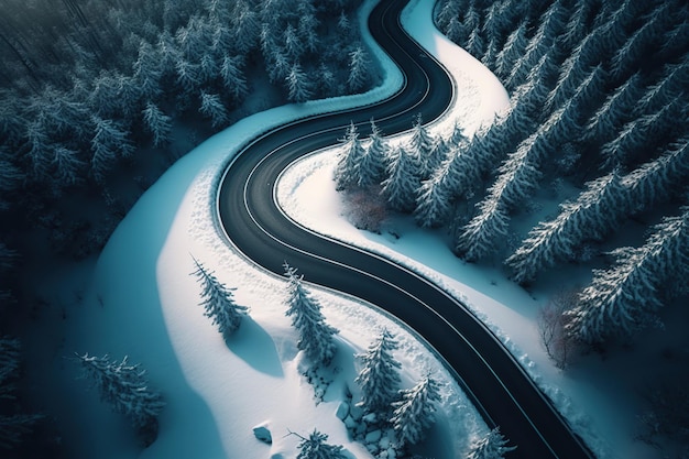 Curvy windy road in snow covered forest. Generative Ai art. Top down aerial view