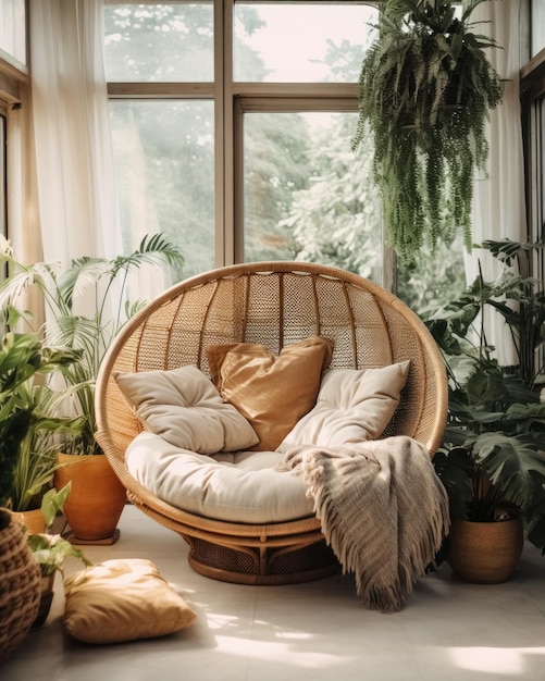 Cushion and blanket on empty wicker armchair in boho style of living room with plants and window