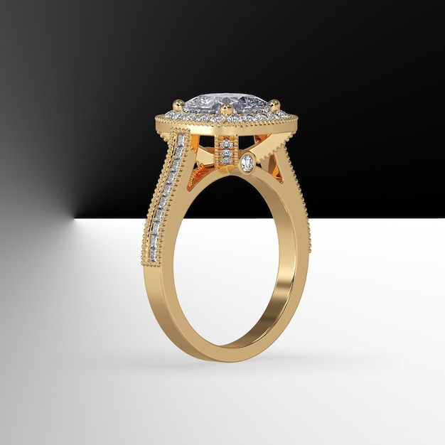 Cushion cut center diamond engagement ring with cathedral shank pave set stones 3d render