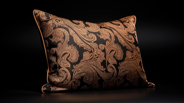 a cushion with a gold design on the back.