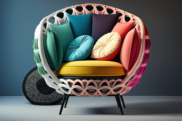 Cushioned rattan chair in bright environment closeup