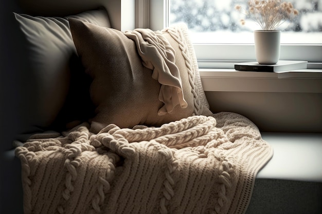 写真 リビングルームの柔らかいソファの上にふわふわの毛布があり、ブランケット付きの居心地の良い窓枠