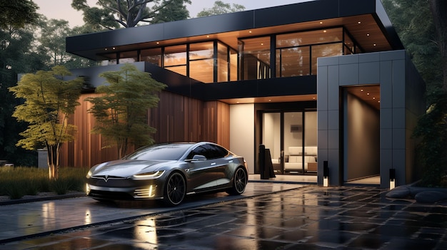 At the cusp of sustainable mobility an electric vehicle stands beside a modern home charging statio