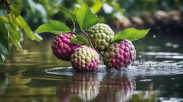 Custard apple with plam in the water colour splash