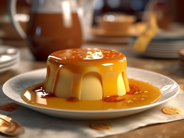 Custard dessert with caramel sauce closeup