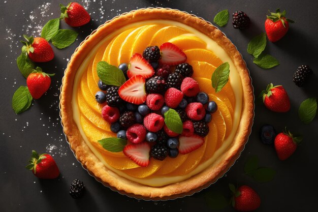 custard fruit tart flat lay profesional advertising food photography AI Generated