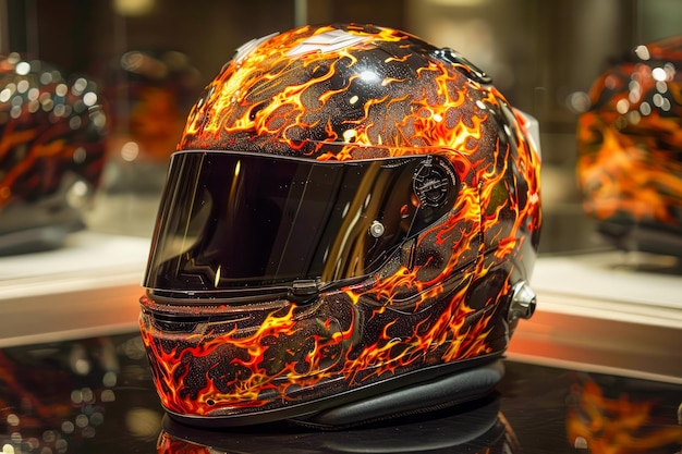 Custom Airbrushed Fire Themed Motorcycle Helmet on Display with Reflective Visor and Flames Design