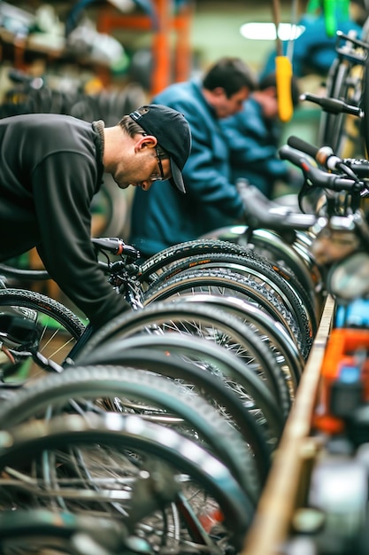 맞춤형 자전거 조립 공장 노동자들은 개별적인 비용에 따라 자전거를 신중하게 조립합니다.