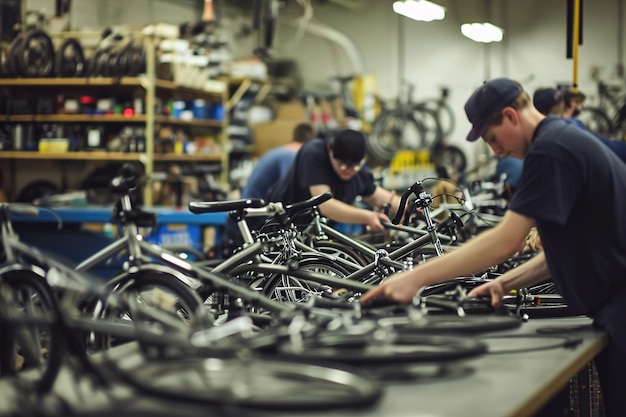 Custom bicycle assembly factory workers meticulously assemble bicycles according to individual custo