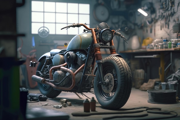 Custom Bobber Motorbike Standing in an Authentic Creative Workshop AI Generation